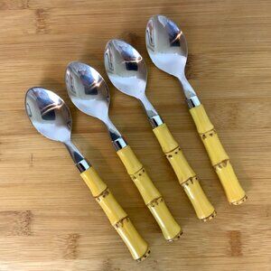 Cambridge Bamboo 4 Teaspoons Yellow Plastic Handle Stainless Tropical Tiki